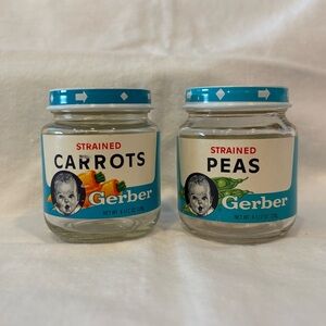 2 Vintage Gerber Baby Food Jars 4 1/2 Oz. With Labels & Lids 1990 Peas & Carrots